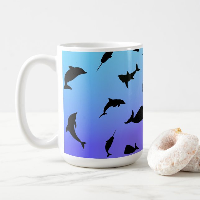 shadow fish shark whale on gradient ocean   coffee mug (With Donut)