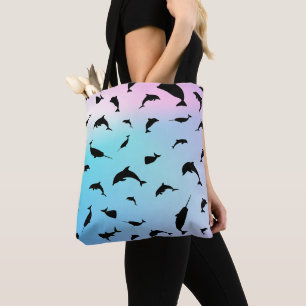 shadow fish shark whale on gradient ocean  tote bag