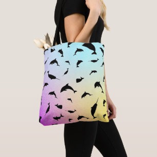 shadow fish shark whale on gradient ocean  tote bag