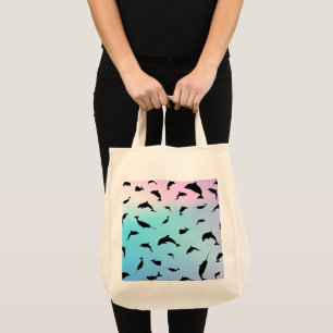 shadow rainbow fish shark whale on gradient ocean tote bag