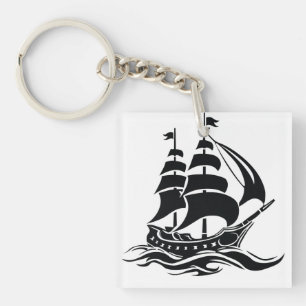 Shadow Sailing Ship – Vintage Ocean Illustration Key Ring