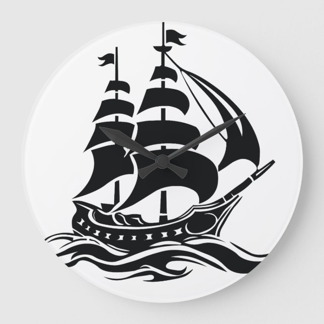 Shadow Sailing Ship – Vintage Ocean Illustration Large Clock (Front)