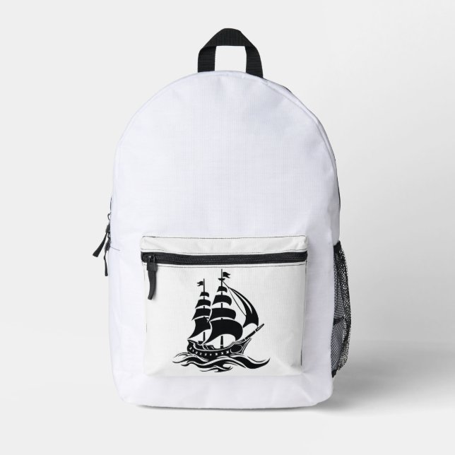 Shadow Sailing Ship – Vintage Ocean Illustration Printed Backpack (Front)