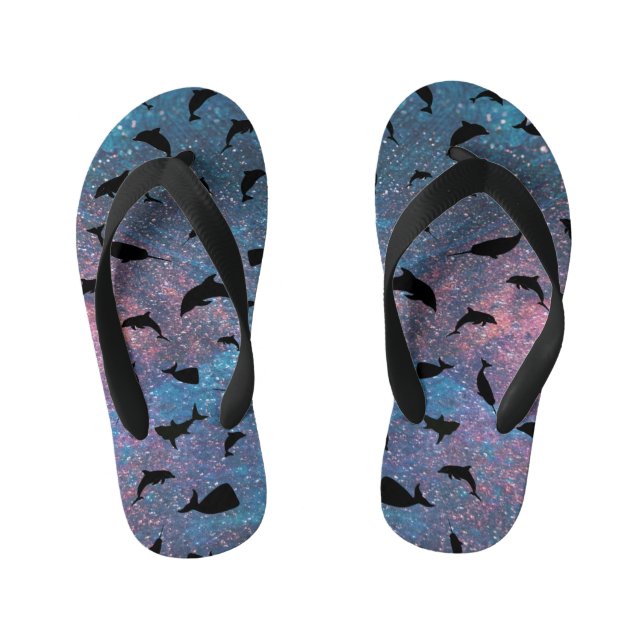 Shadow Shark fish on gradient space galaxy Kid's Flip Flops (Footbed)