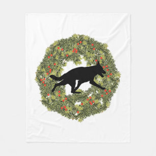 Shadow Silhouette German Shepherd Dog in a Wreath Fleece Blanket