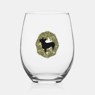 Shadow Silhouette Looking Up Corgi in a Wreath   Stemless Wine Glass