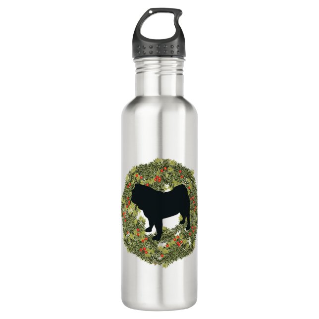 Shadow Silhouette Pug Dog in a Wreath   710 Ml Water Bottle (Front)