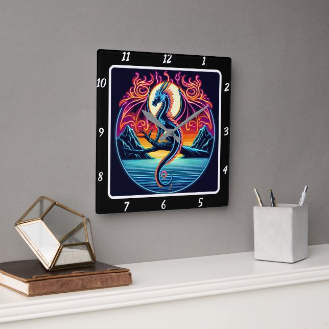 Shadowfire Neon Dragon Square Wall Clock (Office)