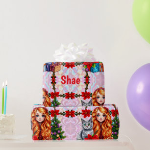 SHAE ~ Christmas Girl and Cat ~ Wrapping Paper