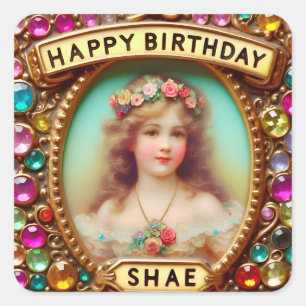 SHAE ~ HAPPY BIRTHDAY ~ Vintage Girl ~ Square Sticker