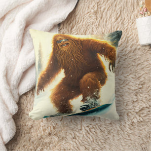 Shaggy Bigfoot Snowboarding AI Yeti Snowy Slope Cushion