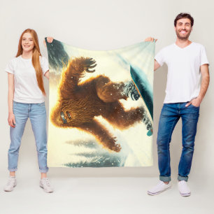 Shaggy Bigfoot Snowboarding AI Yeti Snowy Slope Fleece Blanket