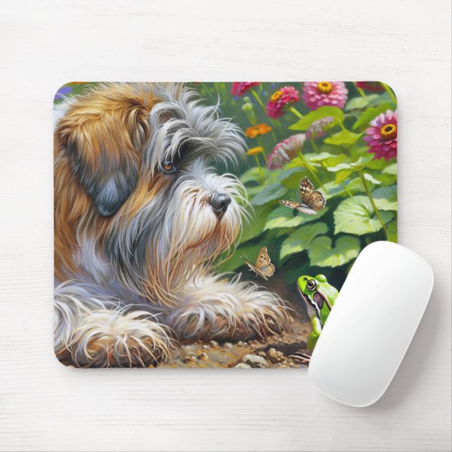 Shaggy Dog In Garden With Frog Mouse Mat (With Mouse)