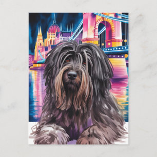 Shaggy Dog Portrait in Neon Budapest Cityscape Postcard