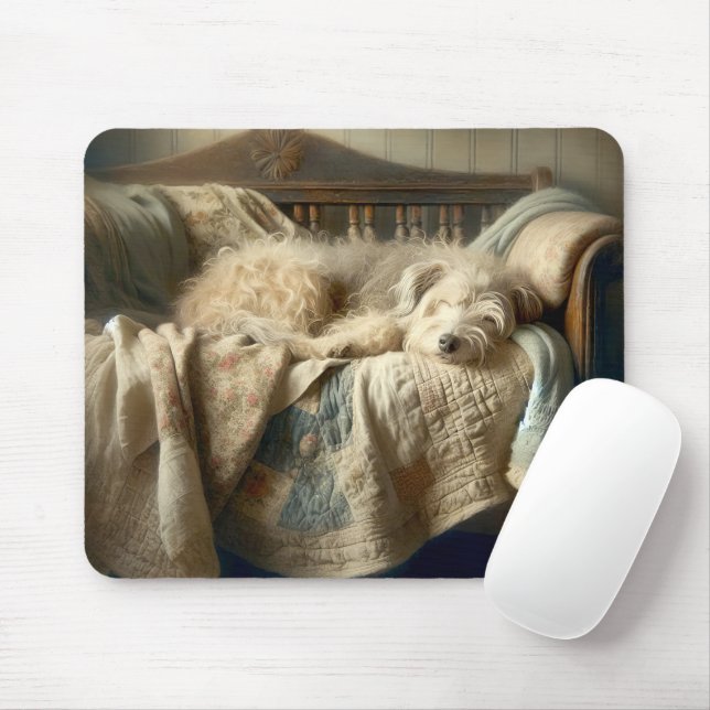 Shaggy Dog Sleeping On A Quilt Mouse Mat (With Mouse)
