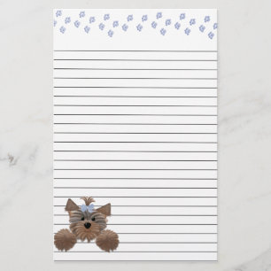 Shaggy Puppy and Blue Paw Prints Lined Stationery