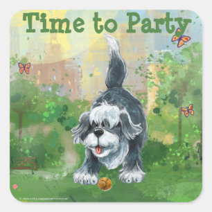 Shaggy Sheep Dog Party Centre Square Sticker