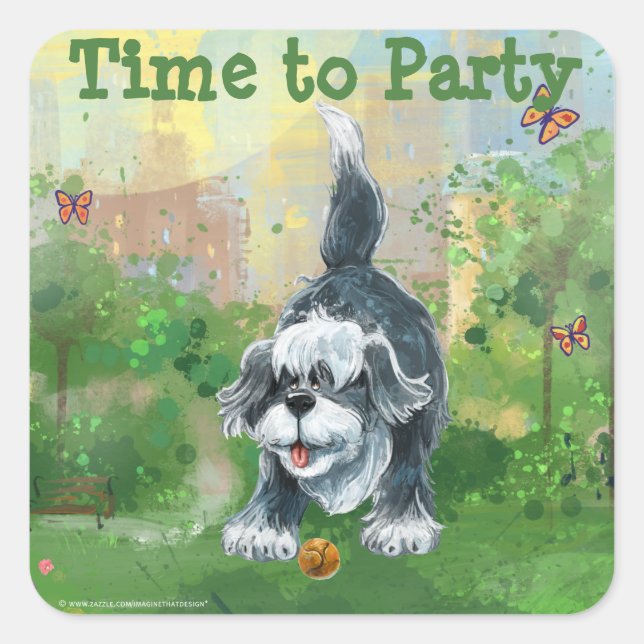 Shaggy Sheep Dog Party Centre Square Sticker (Front)