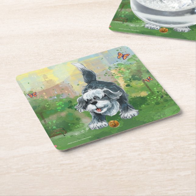 Shaggy Sheep Dog Square Paper Coaster (Angled)
