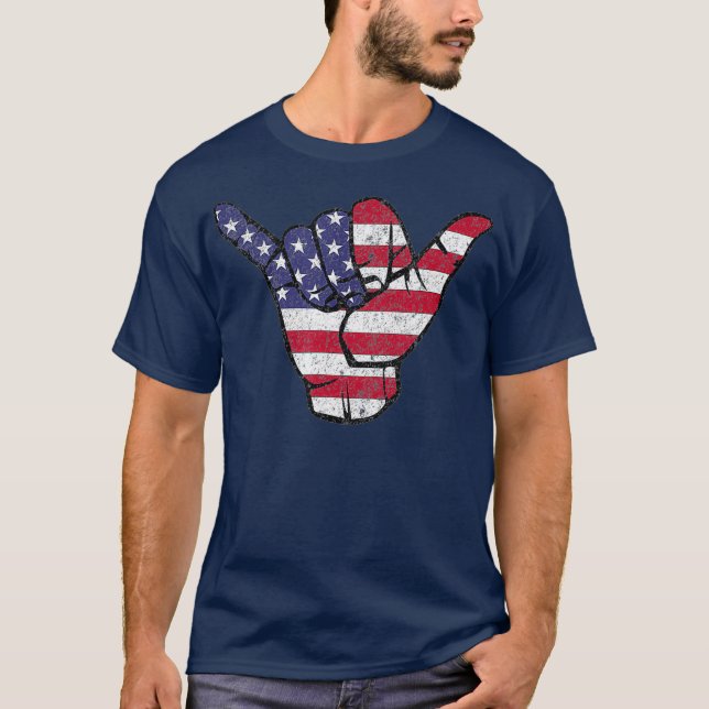 Shaka Hang Loose American Flag T-Shirt (Front)