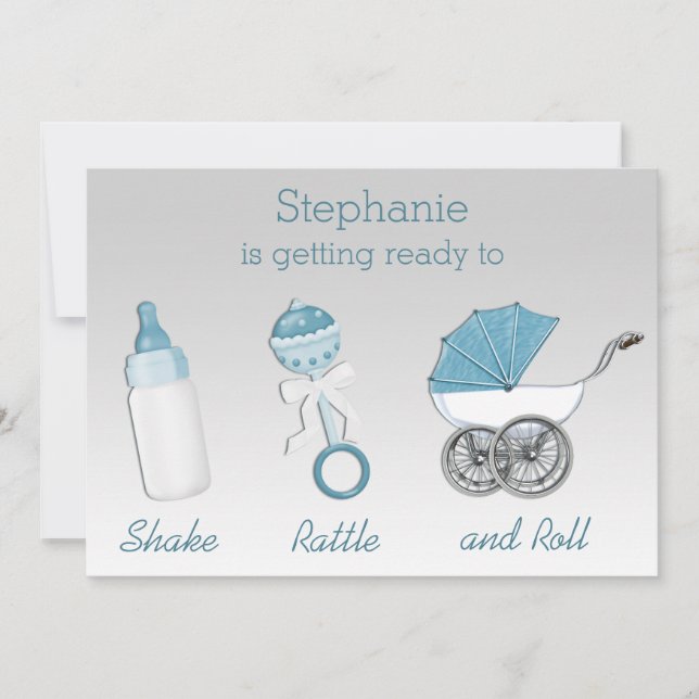 Shake Rattle and Roll Silver Blue Baby Shower Invitation (Front)