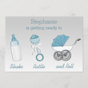 Shake Rattle and Roll Silver Blue Baby Shower Invitation