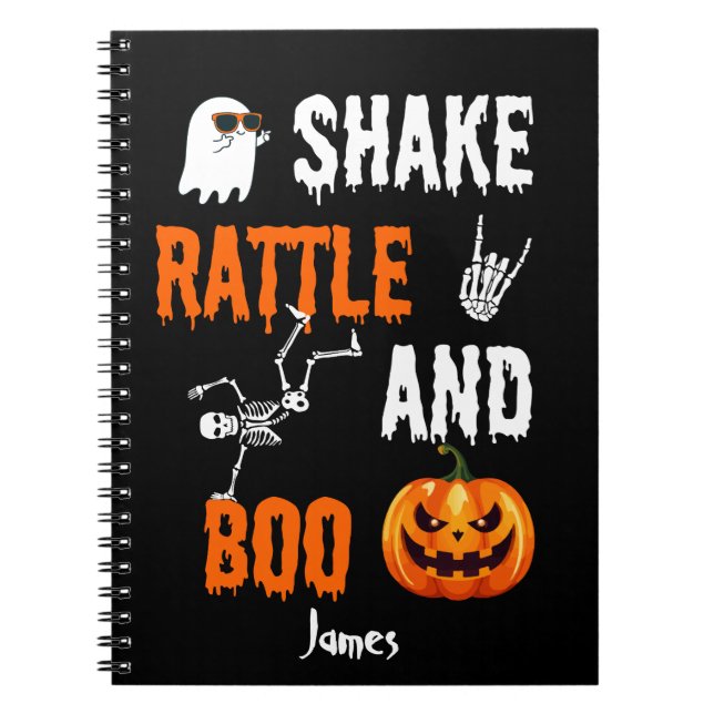 Shake, Rattle, Boo Fun Skeleton Pumpkin Halloween Notebook (Front)