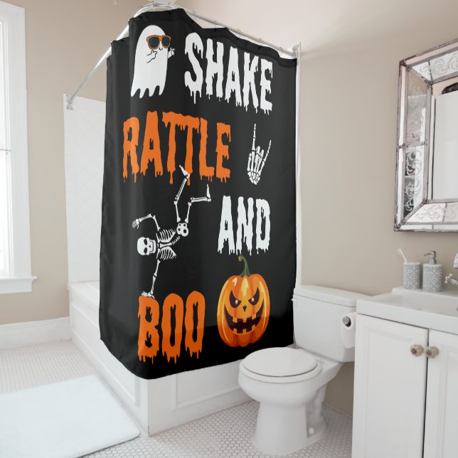 Shake, Rattle, Boo Fun Skeleton Pumpkin Halloween Shower Curtain (In Situ)