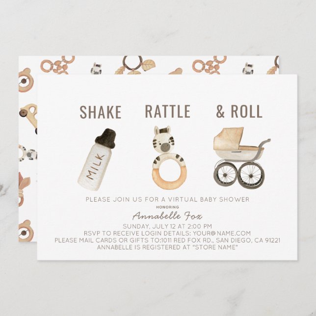 Shake Rattle & Roll Boho Virtual Baby Shower Invitation (Front/Back)
