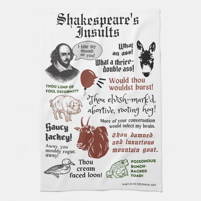 Shakespeare Insults Funny Bookish Theatre Fan Tea Towel (Vertical)