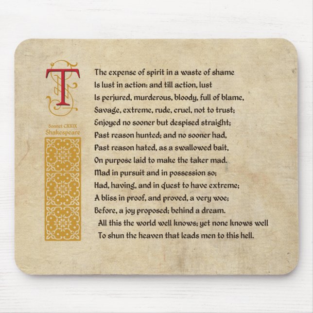Shakespeare Sonnet 129 (CXXIX) on Parchment Mouse Mat (Front)