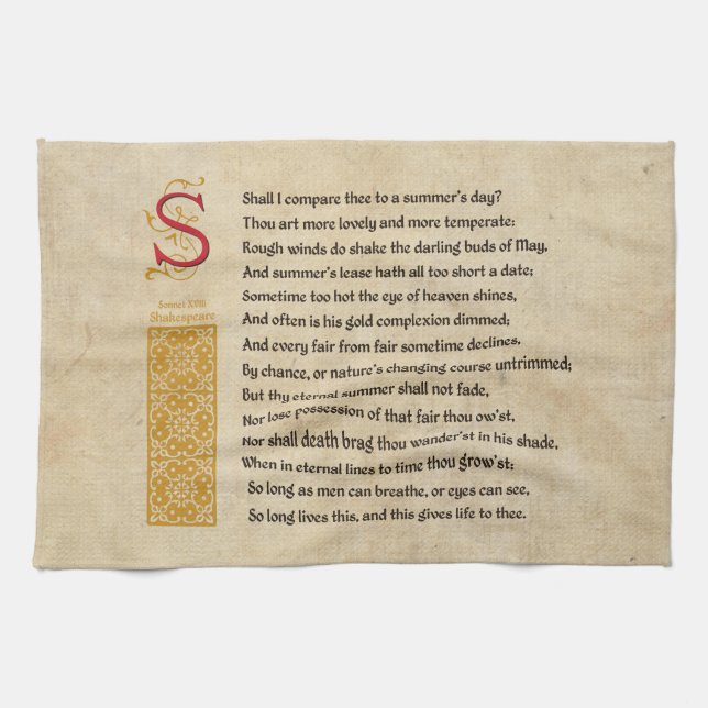 Shakespeare Sonnet 18 (XVIII) on Parchment Tea Towel (Horizontal)