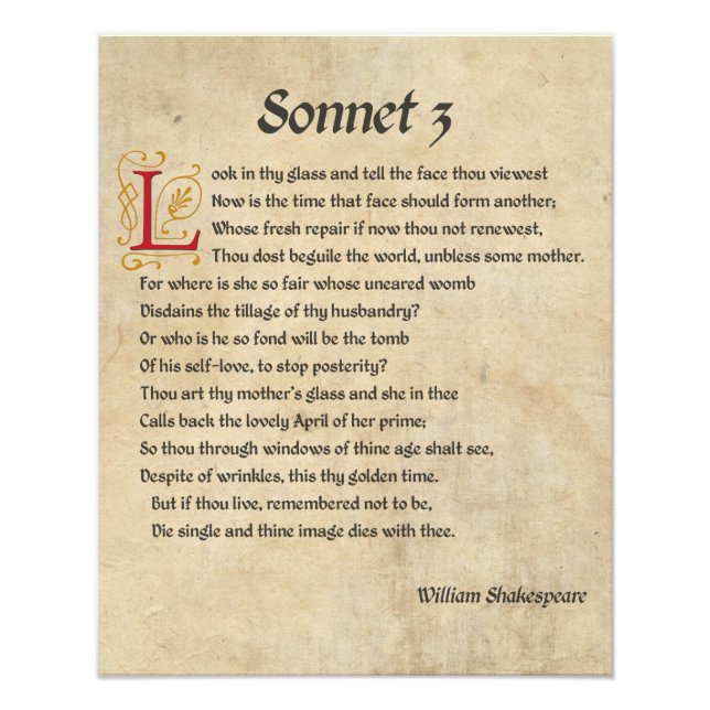 Shakespeare Sonnet 3 Parchment Photo Print (Front)