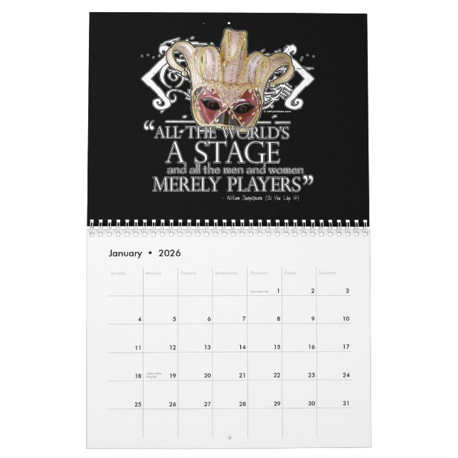 Shakespeare Theatrical Masks Wall Calendar (Jan 2026)