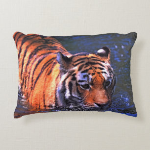 SHALLOW FOCUS PHOTOGRAPHY OF BROWN AND BLACK TIGER DECORATIVE CUSHION