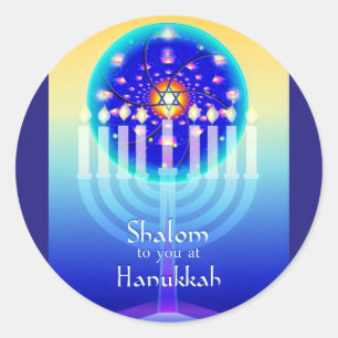 Shalom at Hanukkah Menorah Lights & Star of David. Classic Round Sticker