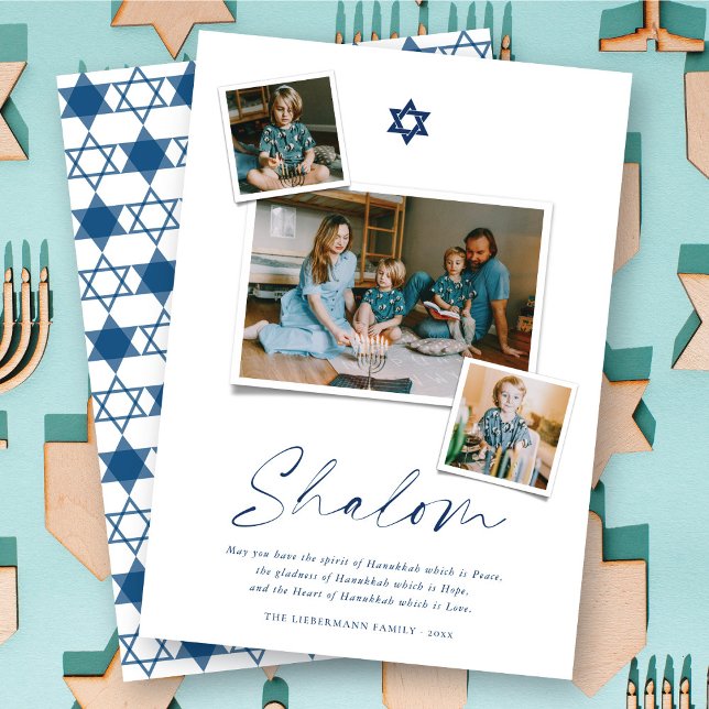 Shalom Blue Star Of David 3 Photo Simple Hanukkah Holiday Card (Creator Uploaded)