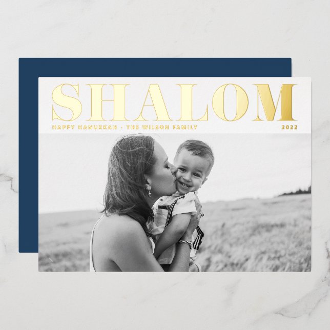 Shalom Bold Typography Happy Hanukkah Photo Foil Holiday Card (Front/Back)