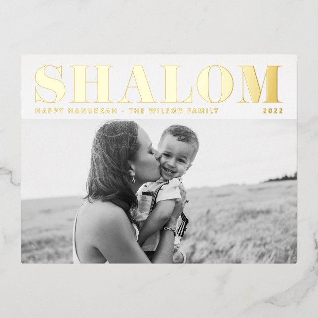 Shalom Bold Typography Happy Hanukkah Photo Foil Holiday Postcard (Front)
