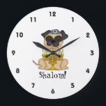 Shalom!-Cute Pug dog with Menorah Large Clock<br><div class="desc">This is a cute little wall clock for your child's room, featuring a sweet little cartoon Pug dog wearing a yarmulke, and a menorah in front of him. Around the edges, are easy to read numbers in black font! Below the dog is the word "Shalom!" You can customise the text...</div>