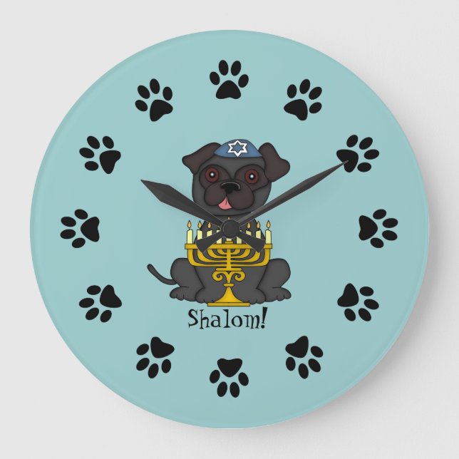 Shalom!-Cute Pug dog with Menorah/Soft Blue Large Clock (Front)