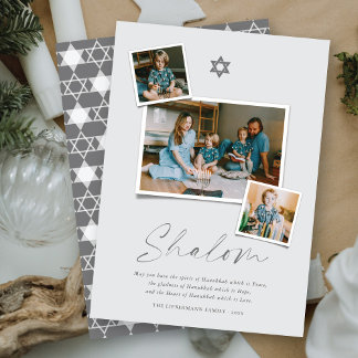 Shalom Grey Star Of David 3 Photo Simple Hanukkah Holiday Card
