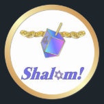 Shalom Hanukkah Classic Round Sticker<br><div class="desc">Rich blue and gold Hanukkah design with Dreidel and gold coins. Text says..Shalom.</div>