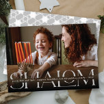Shalom Peace Love Light Modern Hanukkah Photo Card<br><div class="desc">A modern minimalist and unique holiday card featuring a full bleed photo with a black tint gradient partial transparent photo overlay. A large light grey (can be changed to any colour) festive greeting 'SHALOM' in classic serif typography is printed on top. A narrow blank space runs through the middle of...</div>