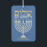 Shalom Peace on Earth Hanukkah Holiday Photo Car Air Freshener<br><div class="desc">Shalom Peace on Earth Hanukkah Holiday Photo Air Freshener with a silver menorah and gold Hebrew lettering. Easy to customise with text, fonts, and colours. Created by Zazzle pro designer BK Thompson exclusively for Kate’s Creations; please contact us if you need assistance, have questions, or would like to enquire about...</div>