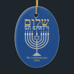Shalom Peace on Earth Hanukkah Holiday Photo Ceramic Tree Decoration<br><div class="desc">Shalom Peace on Earth Hanukkah Holiday Photo Ornament - the perfect complement for your interfaith family! Festive Hanukkah blue with an elegant silver menorah and gold Hebrew Shalom - Peace on Earth! Easy to customise with text, fonts, and colours. Created by Zazzle pro designer BK Thompson exclusively for Kate’s Creations;...</div>