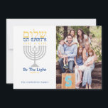 Shalom Peace on Earth Messianic Hanukkah<br><div class="desc">Be the light! Send this card to friends and family this holiday, and warm their spirits with light. Silver menorah with blue and gold text of Shalom (in Hebrew) on Earth. Easy to customise with your name and photo. Easy to customise with text, fonts, and colours. Created by Zazzle pro...</div>