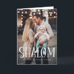 Shalom White Lettering Overlay Happy Hanukkah Holiday Card<br><div class="desc">Happy Hanukkah! Send holiday wishes and greetings to family and friends with this photo holiday card featuring 'Shalom' overlay. Personalise by adding names,  message and photos. This design is available as a flat card,  folded card and postcard.</div>