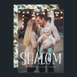 Shalom White Lettering Overlay Photo Hanukkah Holiday Card<br><div class="desc">Happy Hanukkah! Send holiday wishes and greetings to family and friends with this photo holiday flat card. It features 'Shalom' overlay and watrcolor foliage and red berries pattern. Personalise by adding names,  message and photos. This design is available as a flat card,  folded card and postcard.</div>