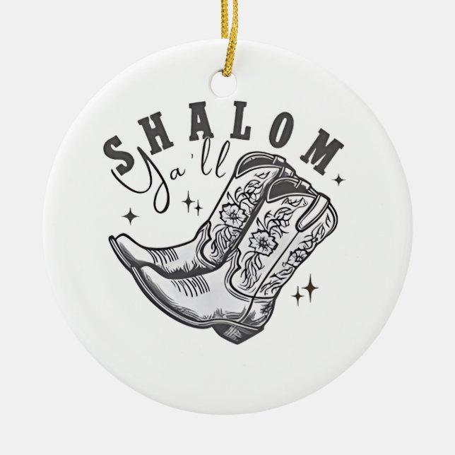 Shalom Y'all Cowboy Jewish Hanukkah West  Ceramic Tree Decoration (Front)